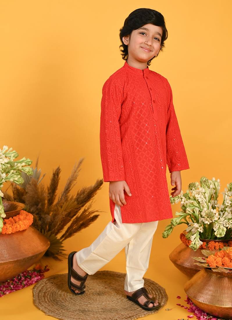 Saka Designs Boys Red Embroidered Kurta With Payjama