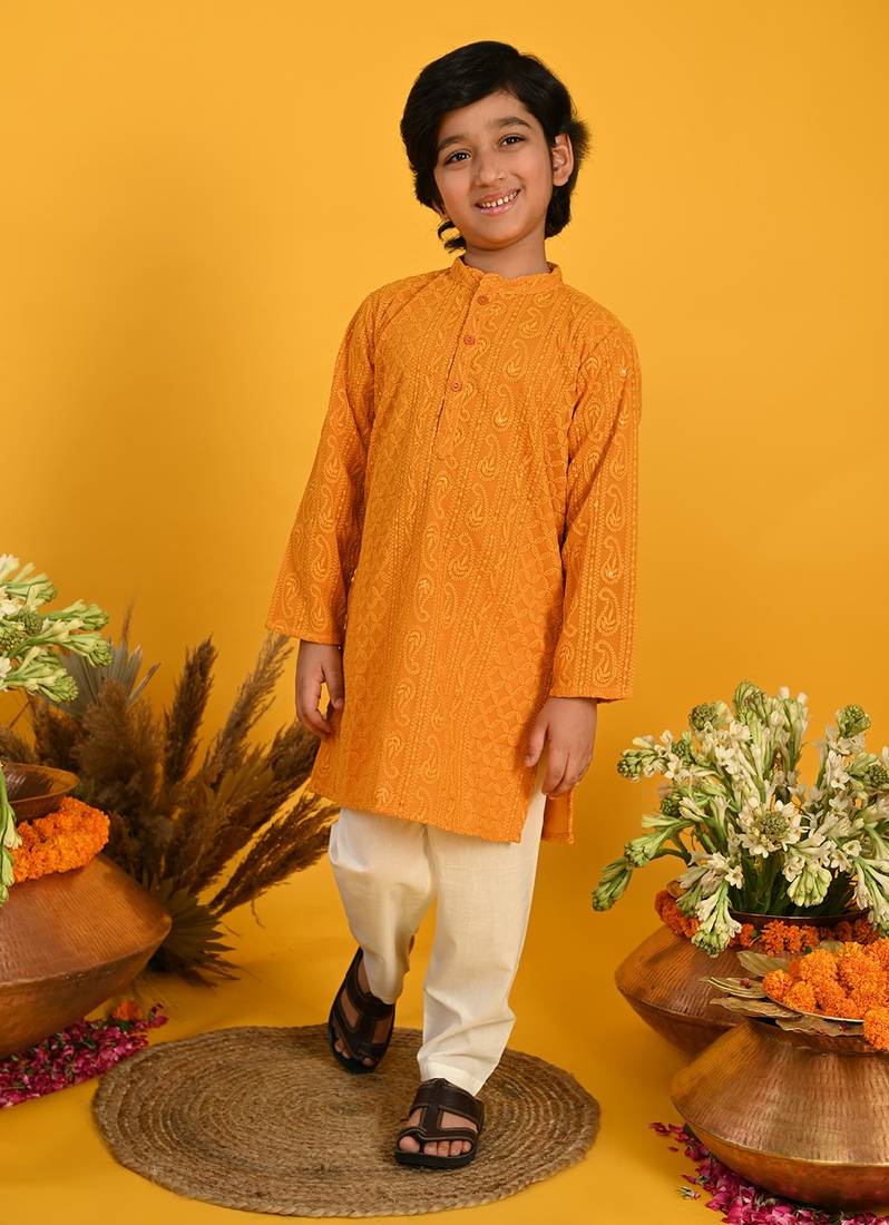 Saka Designs Boys Mustard Embroidered Kurta with Payjama