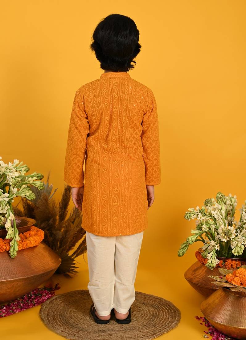 Saka Designs Boys Mustard Embroidered Kurta with Payjama