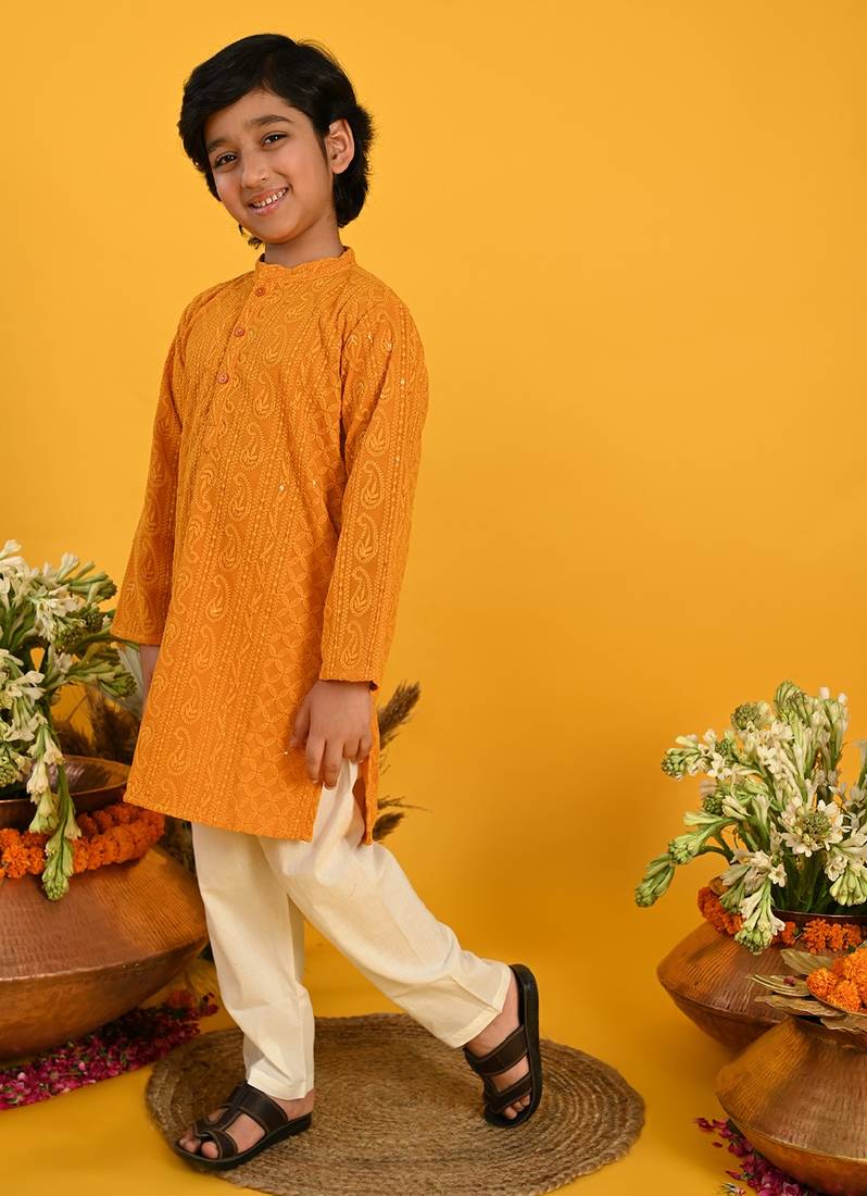 Saka Designs Boys Mustard Embroidered Kurta with Payjama