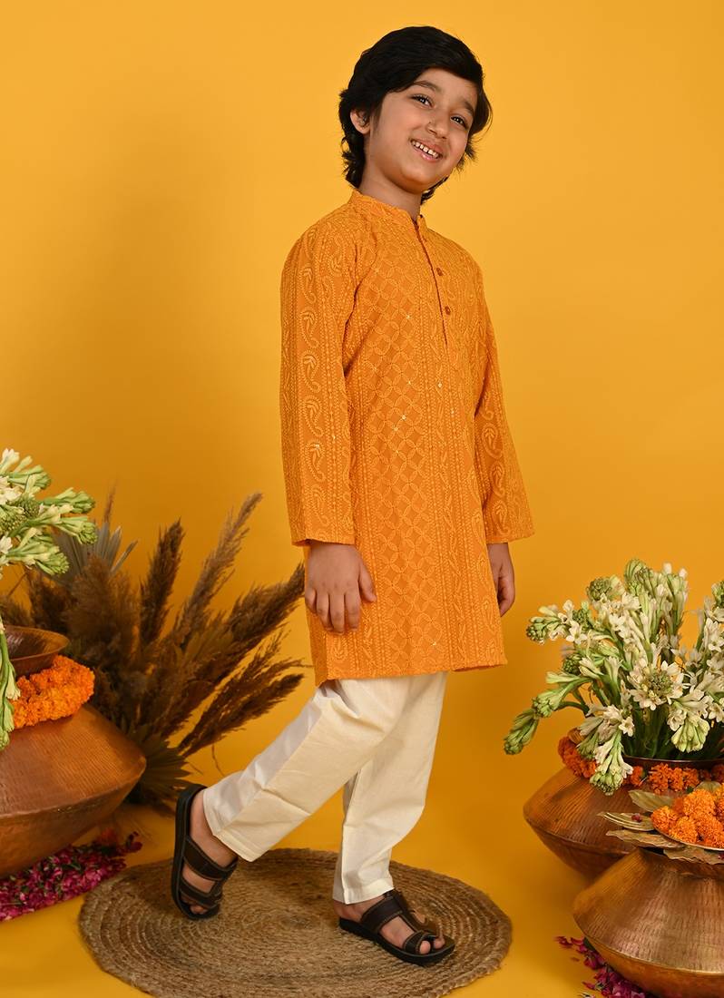 Saka Designs Boys Mustard Embroidered Kurta with Payjama