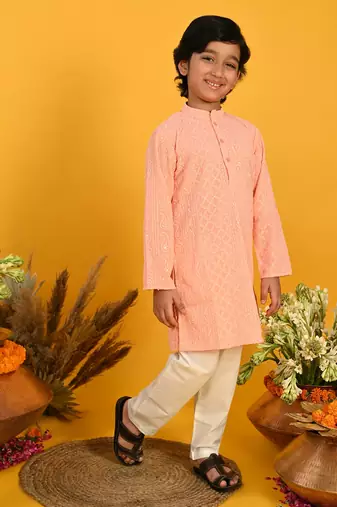 Saka Designs Boys Peach Embroidered Kurta with Payjama