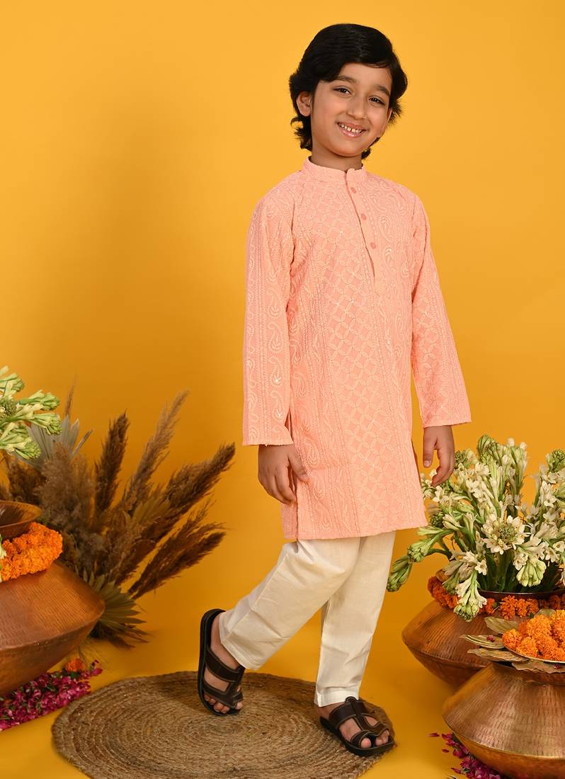 Saka Designs Boys Peach Embroidered Kurta with Payjama