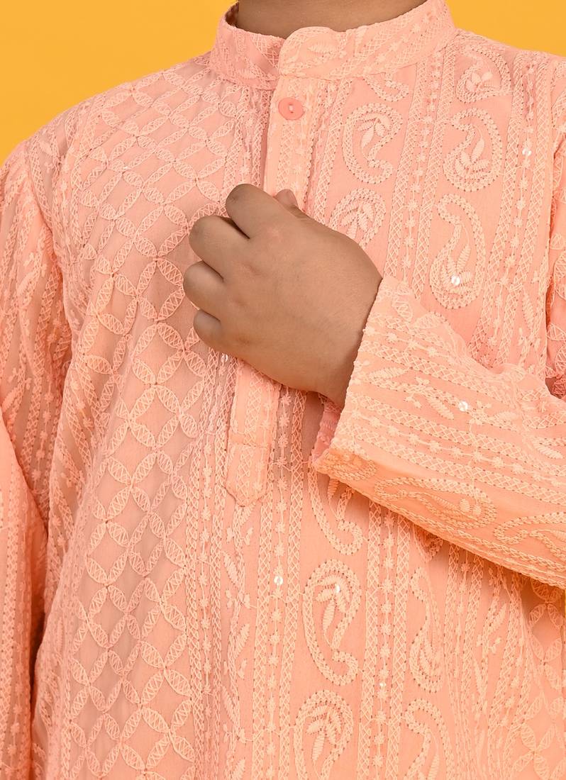 Saka Designs Boys Peach Embroidered Kurta with Payjama