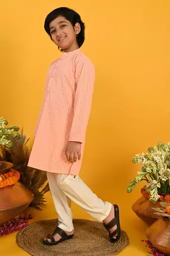 Saka Designs Boys Peach Embroidered Kurta with Payjama