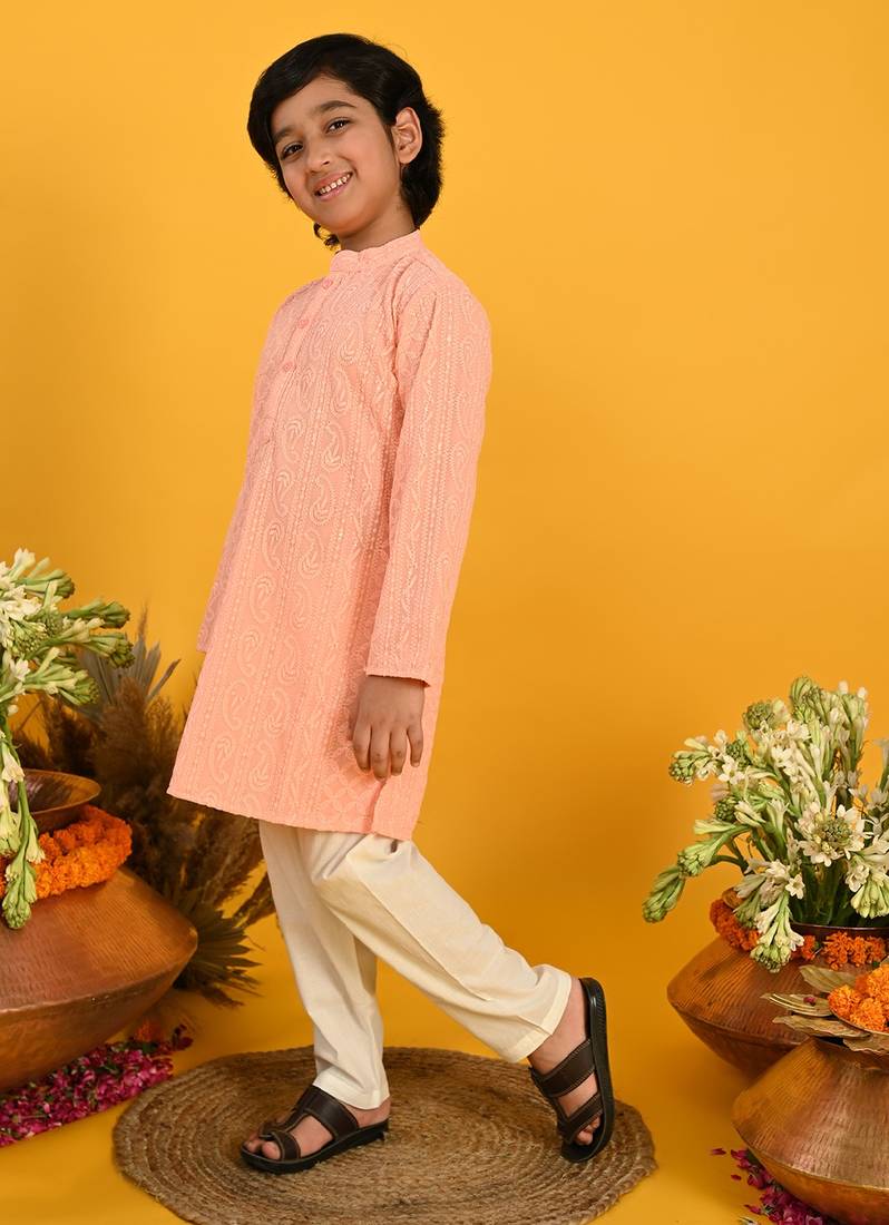 Saka Designs Boys Peach Embroidered Kurta with Payjama