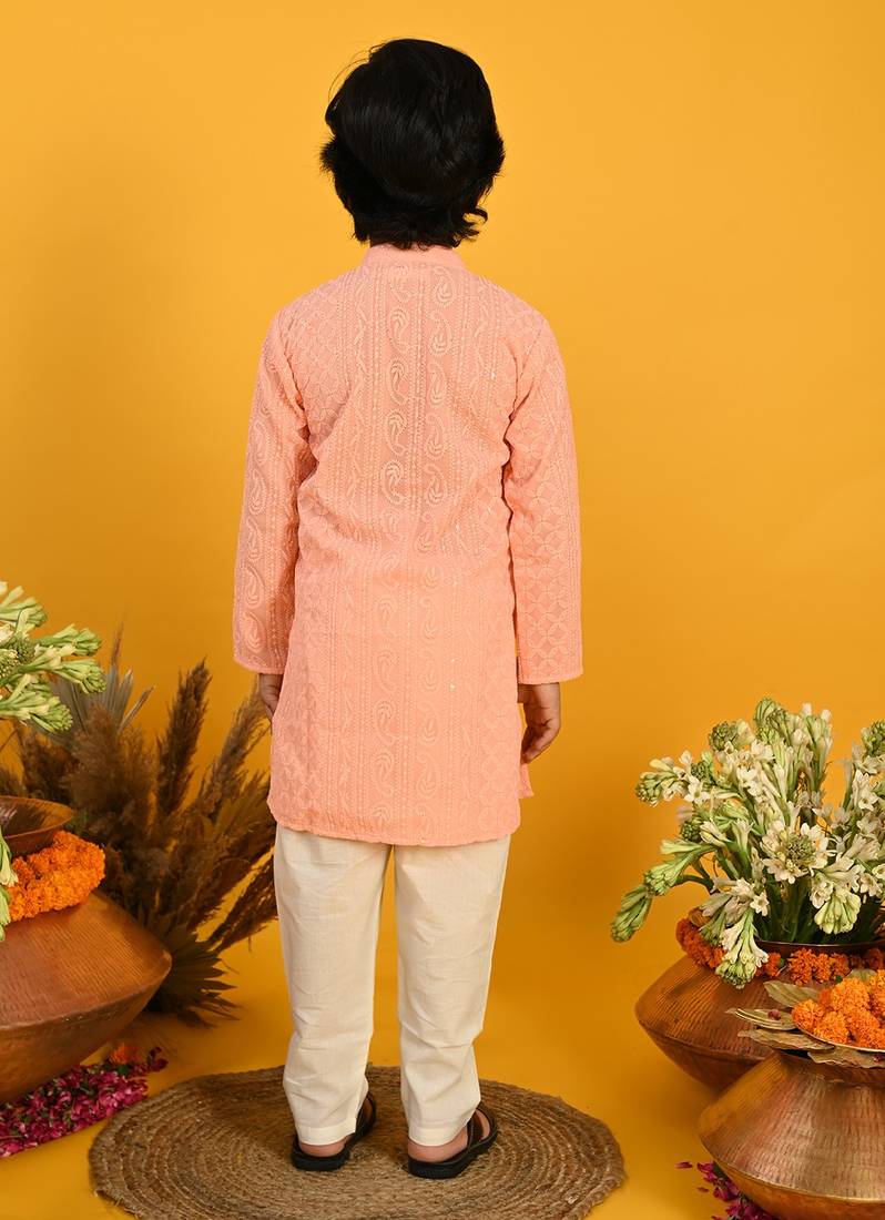 Saka Designs Boys Peach Embroidered Kurta with Payjama