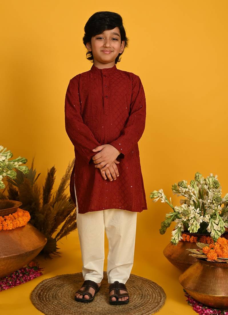 Saka Designs Boys Maroon Embroidered Kurta with Payjama