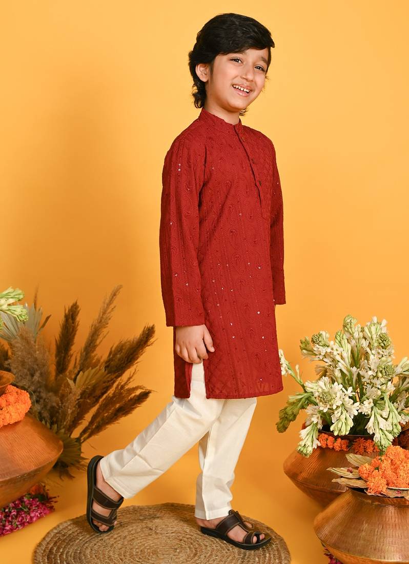 Saka Designs Boys Maroon Embroidered Kurta with Payjama