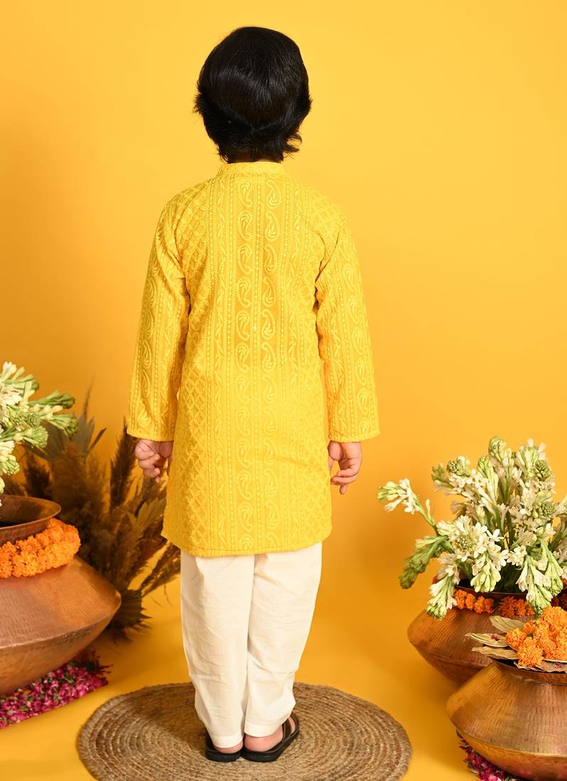 Saka Designs Boys Yellow Embroidered Kurta with Payjama