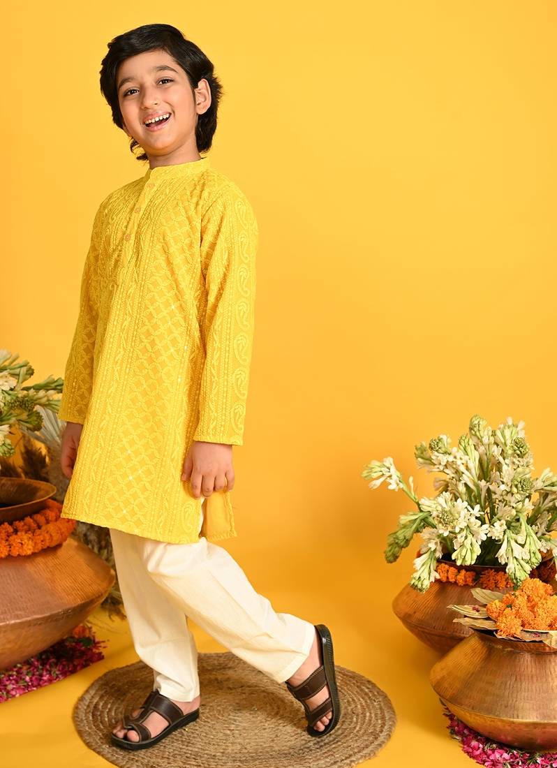 Saka Designs Boys Yellow Embroidered Kurta with Payjama