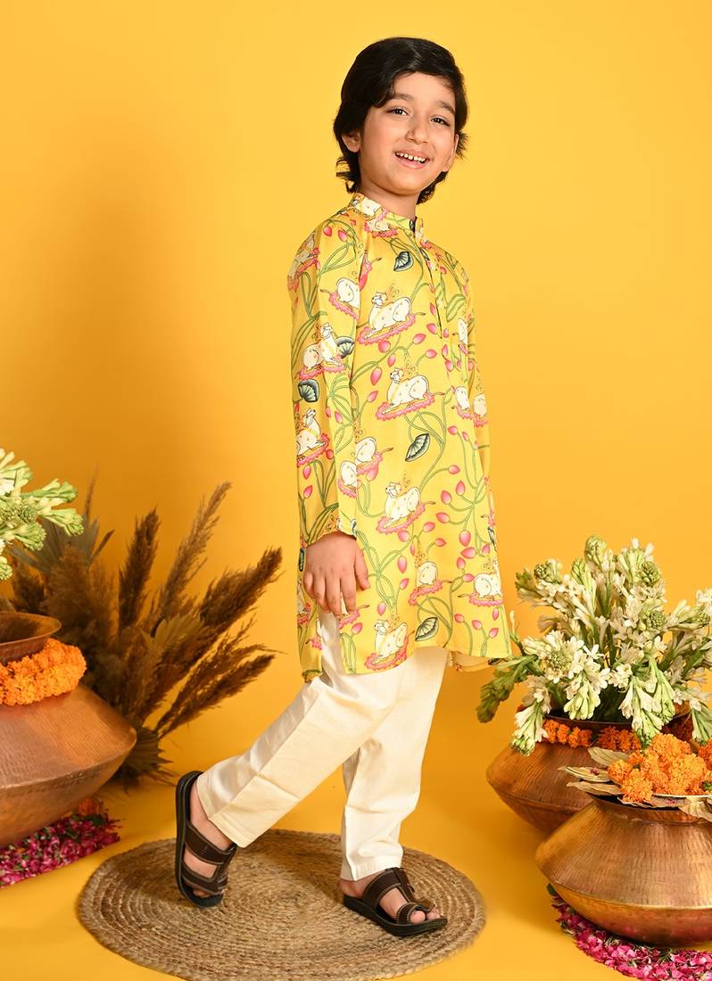 Saka Designs Boys Yellow Printed Kurta With Payjama