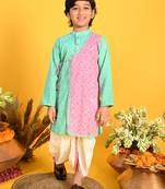 Saka Designs Boys Cotton Sky Blue & Pink Printed Kurta With Dhoti