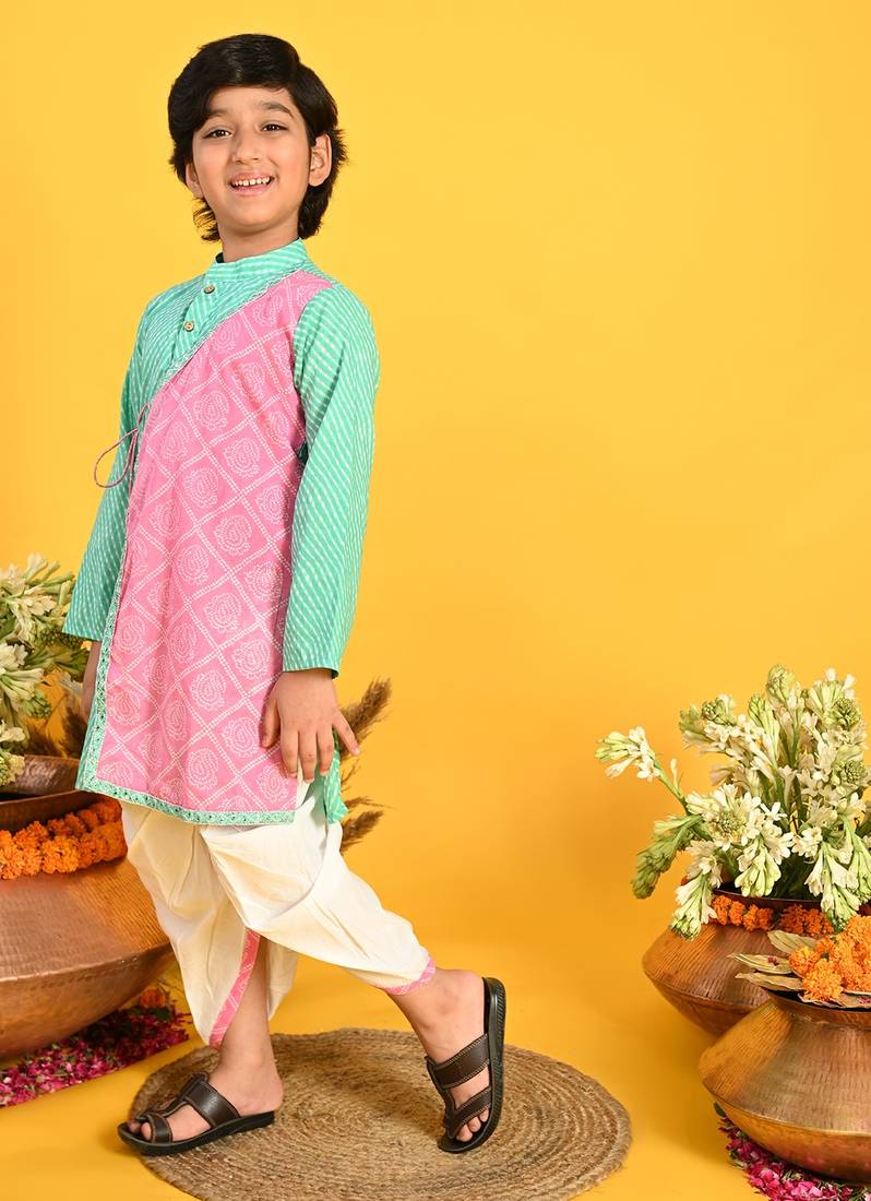 Saka Designs Boys Cotton Sky Blue & Pink Printed Kurta With Dhoti