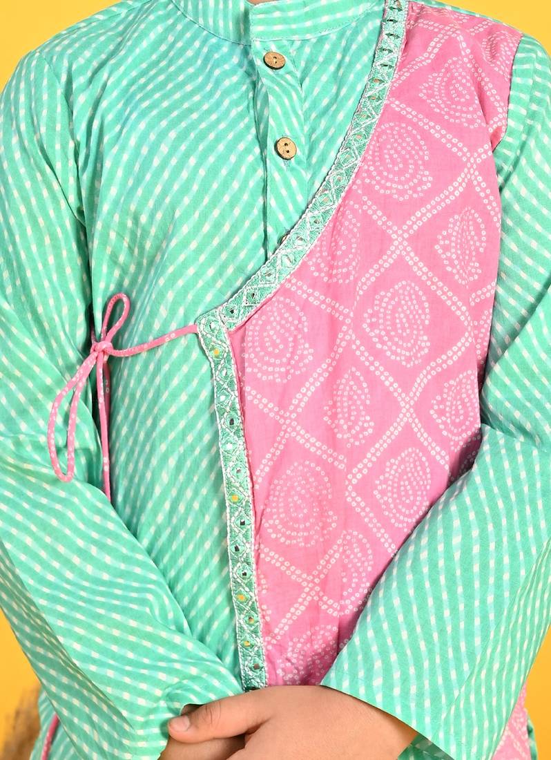 Saka Designs Boys Cotton Sky Blue & Pink Printed Kurta With Dhoti