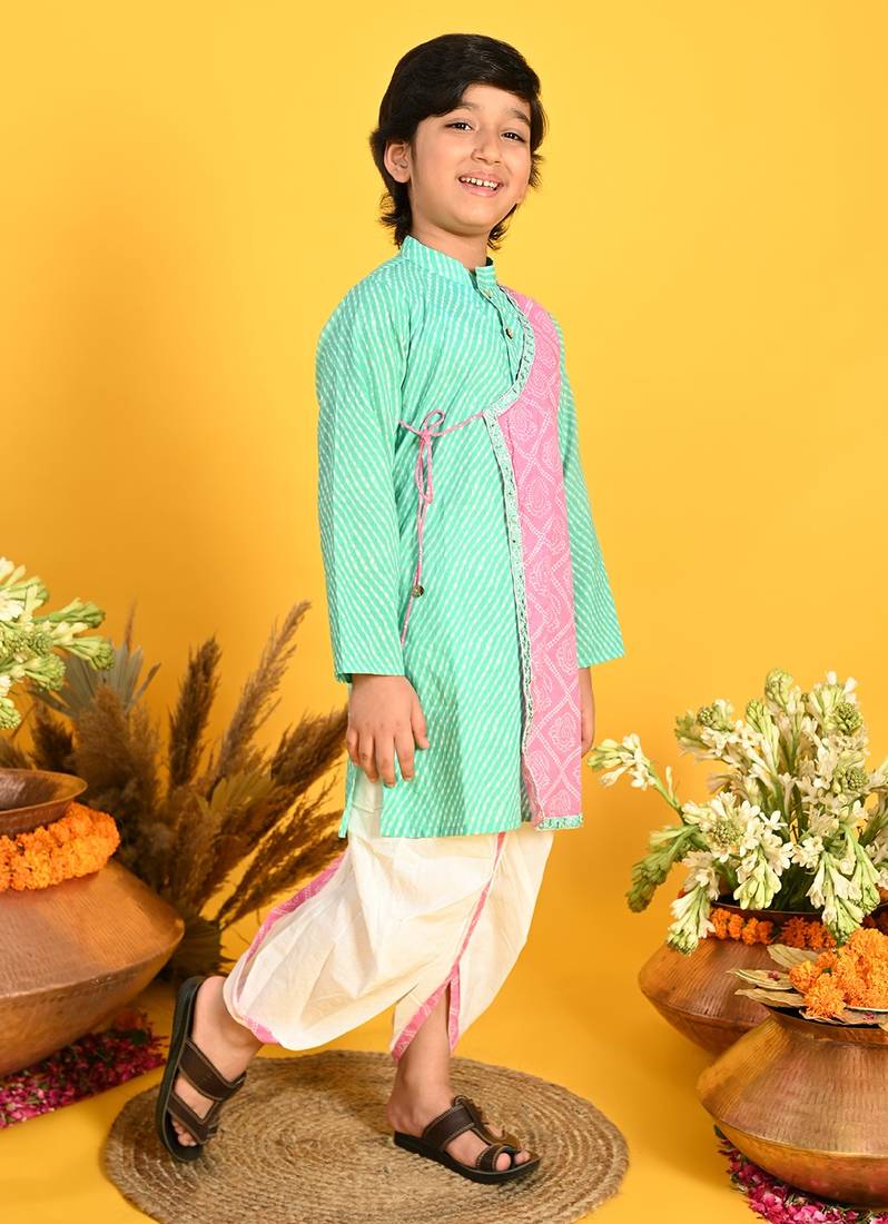 Saka Designs Boys Cotton Sky Blue & Pink Printed Kurta With Dhoti