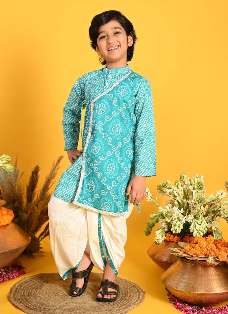 Saka Designs Boys Blue Bandhani Printed Kurta With Dhoti
