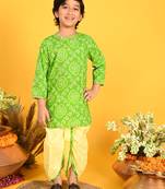 Saka Designs Boys Green Bandhani Printed Cotton Kurta with off-white Dhoti