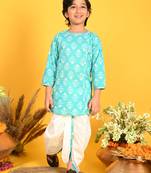 Saka Designs Boys Blue Leaf Printed Cotton Kurta with off-white Dhoti