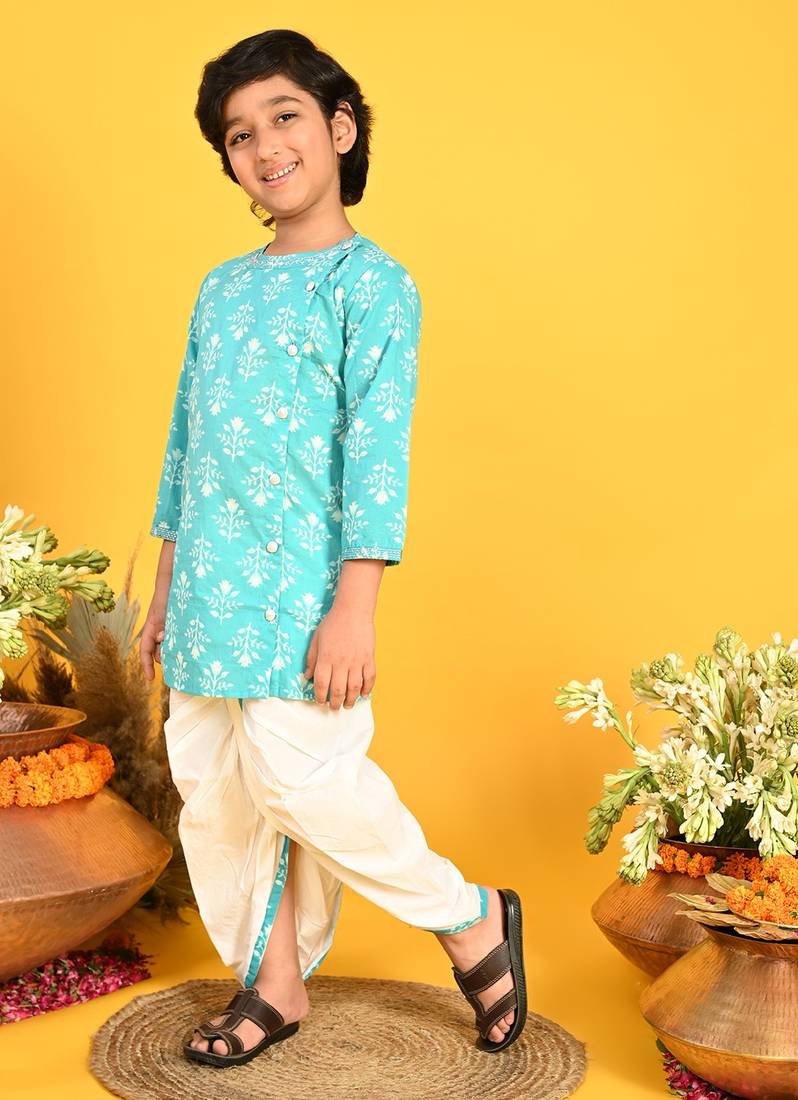 Saka Designs Boys Blue Leaf Printed Cotton Kurta with off-white Dhoti