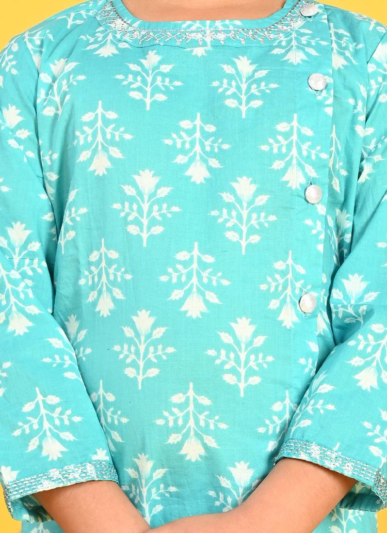 Saka Designs Boys Blue Leaf Printed Cotton Kurta with off-white Dhoti