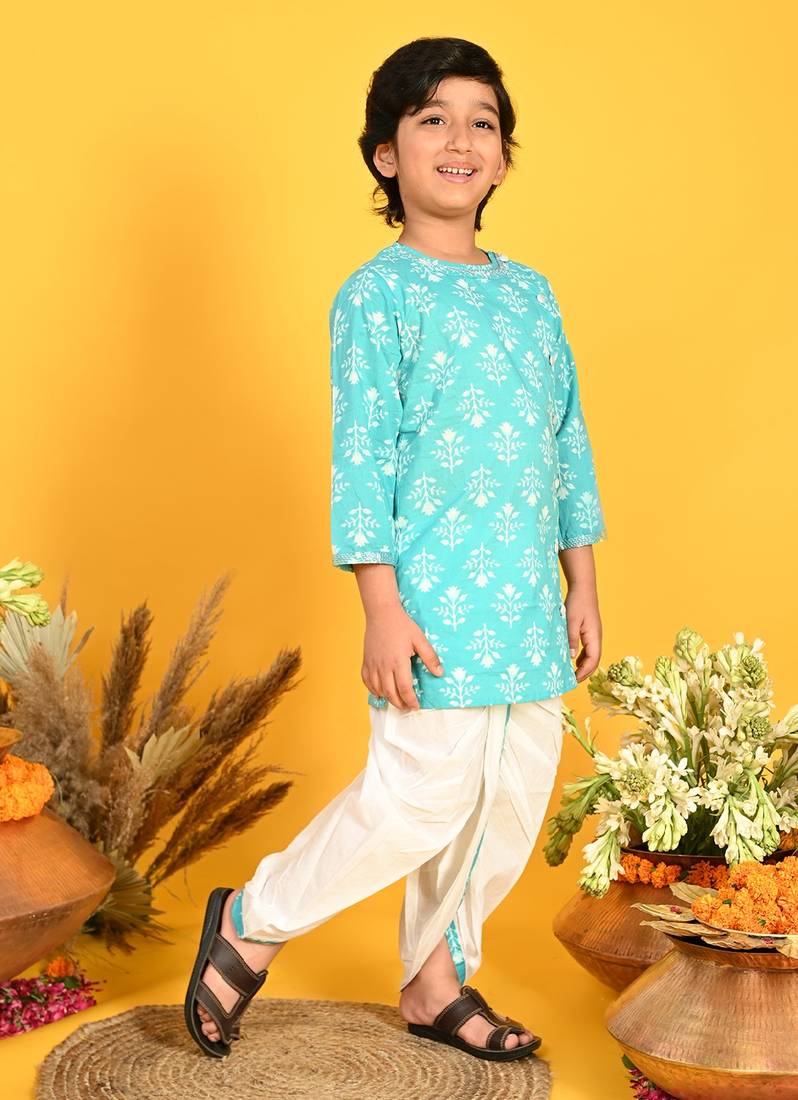 Saka Designs Boys Blue Leaf Printed Cotton Kurta with off-white Dhoti