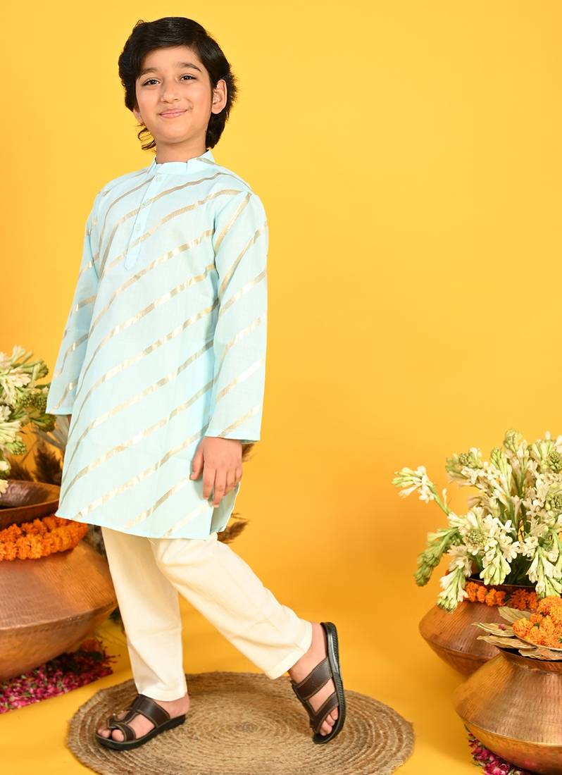 Saka Designs Boys Blue With Gold Stripe Printed Kurta with Payjama
