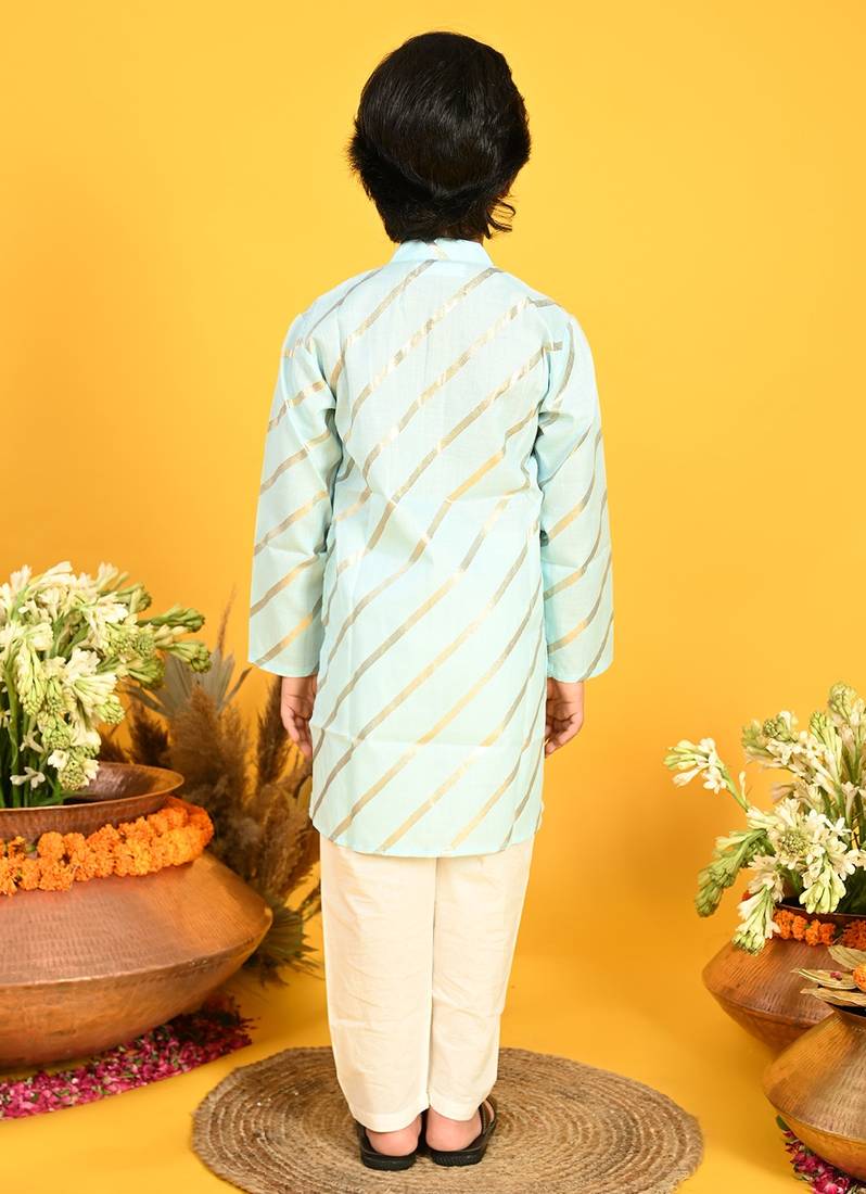 Saka Designs Boys Blue With Gold Stripe Printed Kurta with Payjama