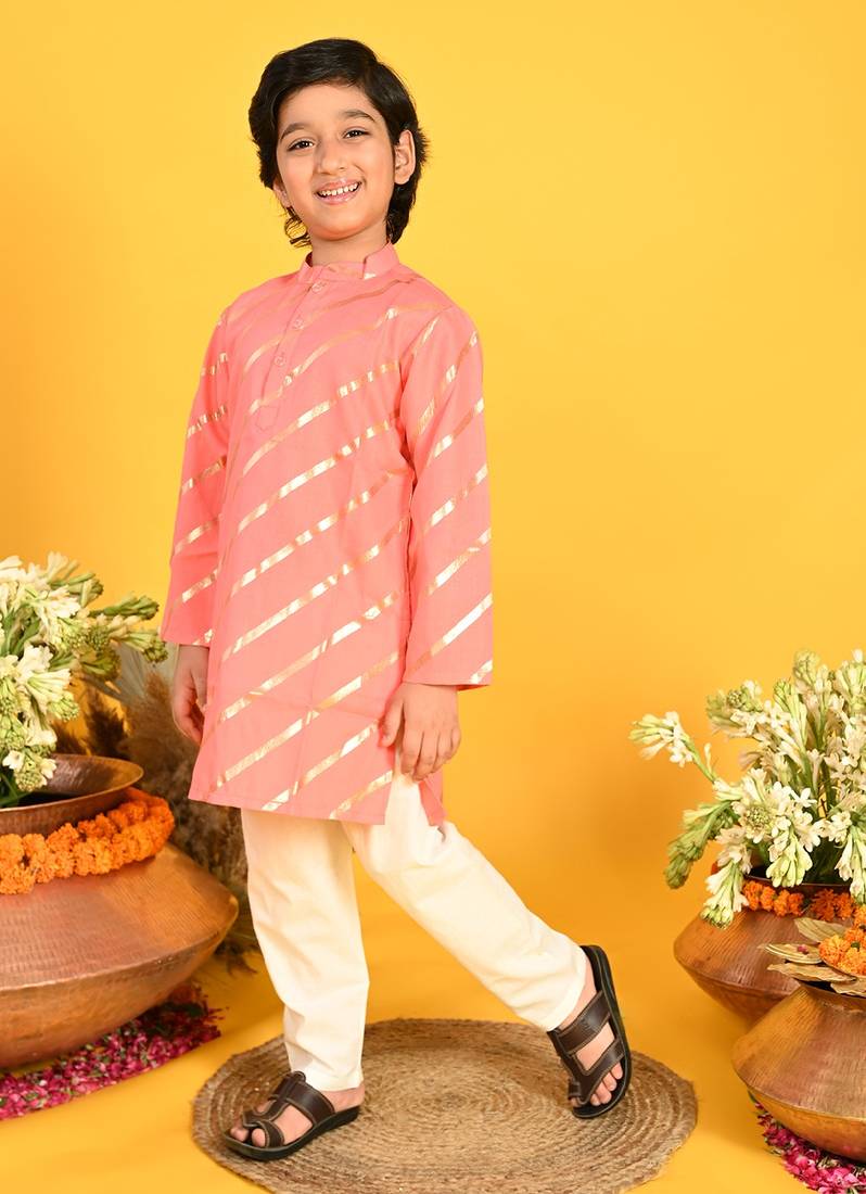 Saka Designs Boys Dark Peach With Gold Stripe Printed Kurta with Payjama