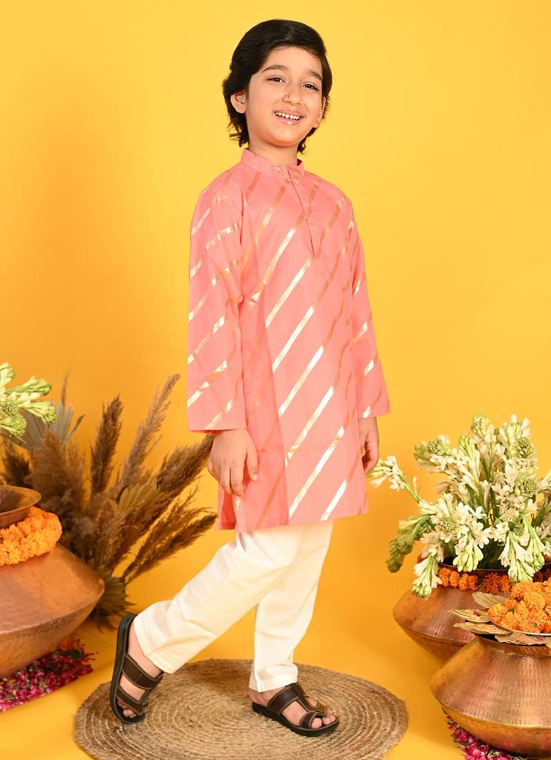 Saka Designs Boys Dark Peach With Gold Stripe Printed Kurta with Payjama