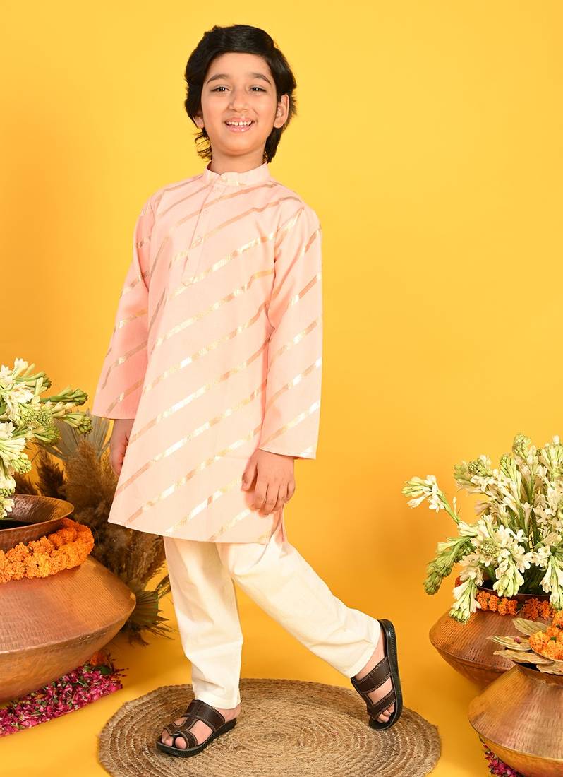 Saka Designs Boys Peach With Gold Stripe Printed Kurta with Payjama