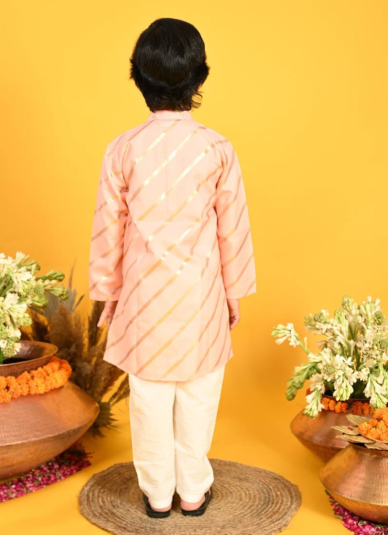 Saka Designs Boys Peach With Gold Stripe Printed Kurta with Payjama