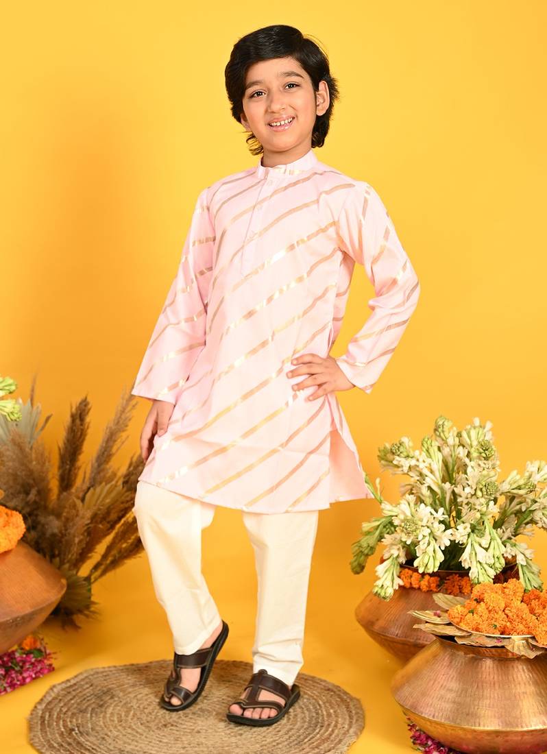 Saka Designs Boys Pink With Gold Stripe Printed Kurta with Payjama