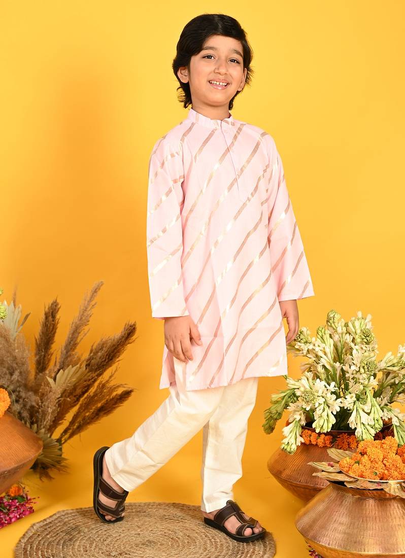 Saka Designs Boys Pink With Gold Stripe Printed Kurta with Payjama