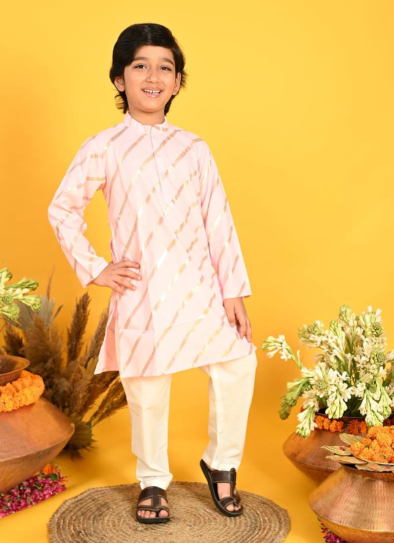 Saka Designs Boys Pink With Gold Stripe Printed Kurta with Payjama