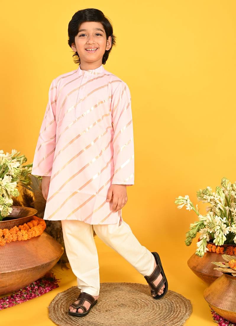 Saka Designs Boys Pink With Gold Stripe Printed Kurta with Payjama