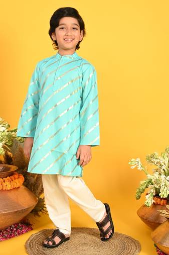 Saka Designs Boys Gold Stripe Printed Teal Kurta with Payjama