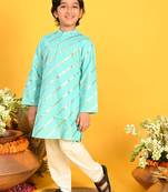 Saka Designs Boys Gold Stripe Printed Teal Kurta with Payjama