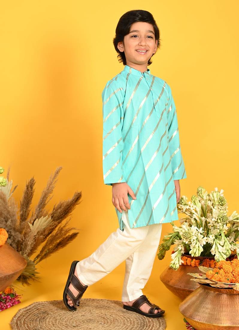 Saka Designs Boys Gold Stripe Printed Teal Kurta with Payjama