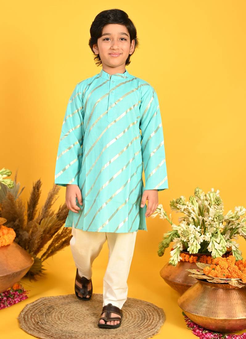 Saka Designs Boys Gold Stripe Printed Teal Kurta with Payjama