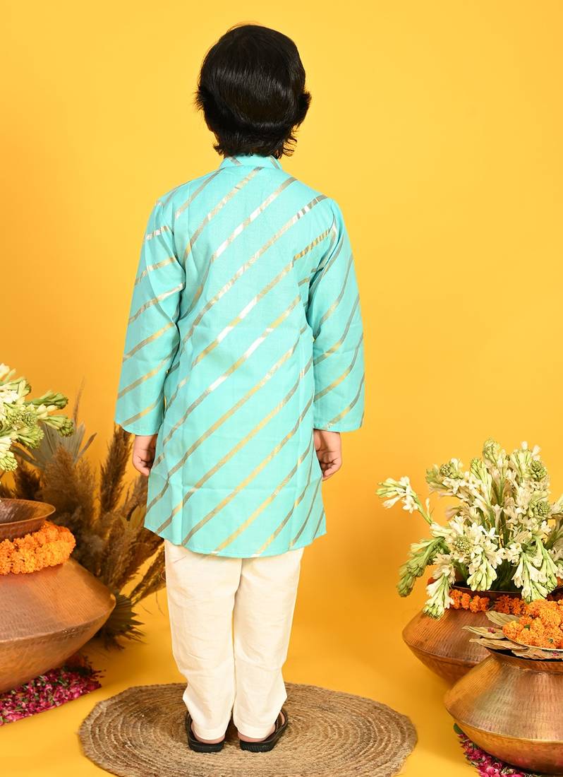 Saka Designs Boys Gold Stripe Printed Teal Kurta with Payjama