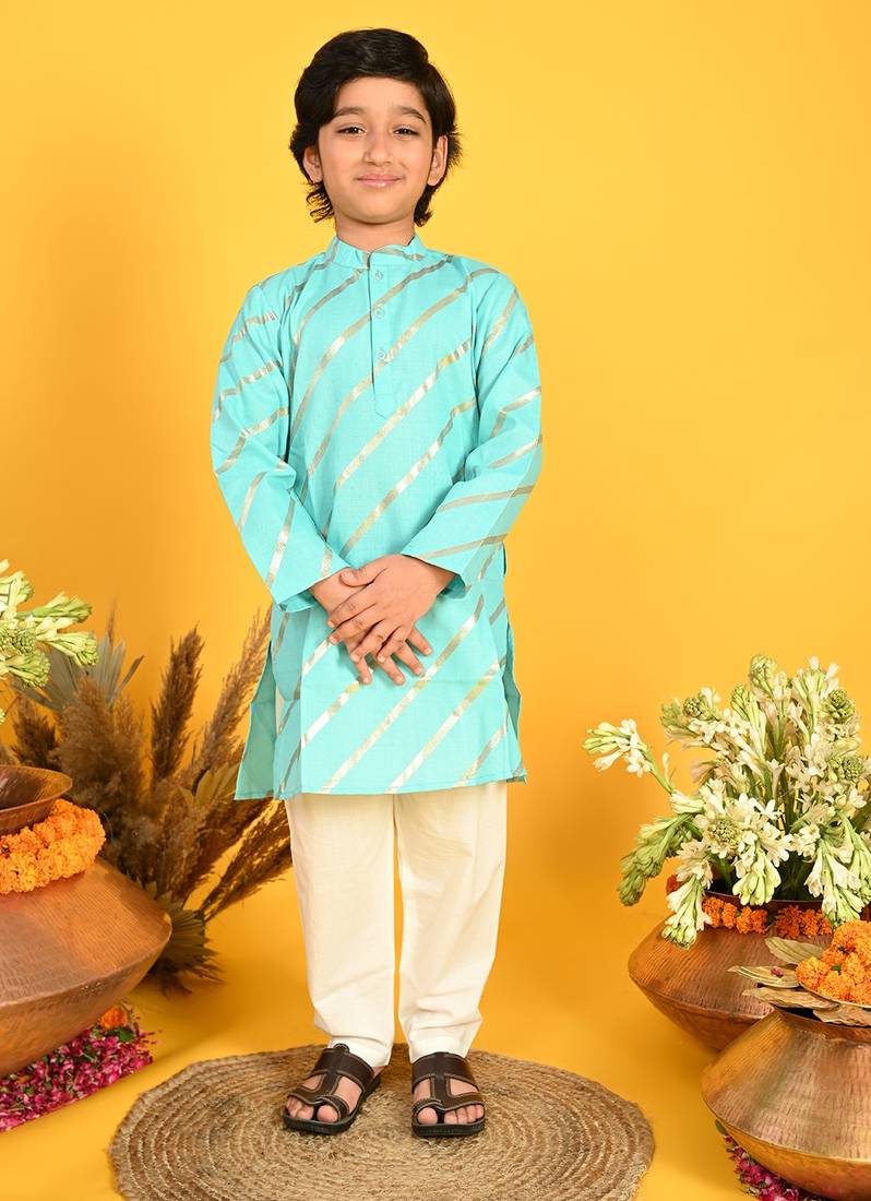 Saka Designs Boys Gold Stripe Printed Teal Kurta with Payjama