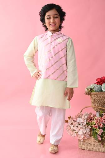 Saka Designs Boys Green Kurta Payjama With Pink & Gold Printed Jacket