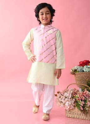 Saka Designs Boys Green Kurta Payjama With Pink & Gold Printed Jacket 1