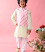 Saka Designs Boys Green Kurta Payjama With Pink & Gold Printed Jacket