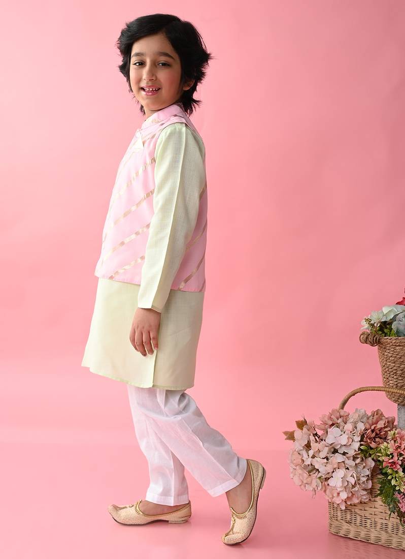 Saka Designs Boys Green Kurta Payjama With Pink & Gold Printed Jacket