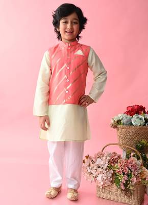 Saka Designs Boys Green Kurta Payjama With Peach & Gold Printed Jacket 1