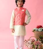 Saka Designs Boys Green Kurta Payjama With Peach & Gold Printed Jacket