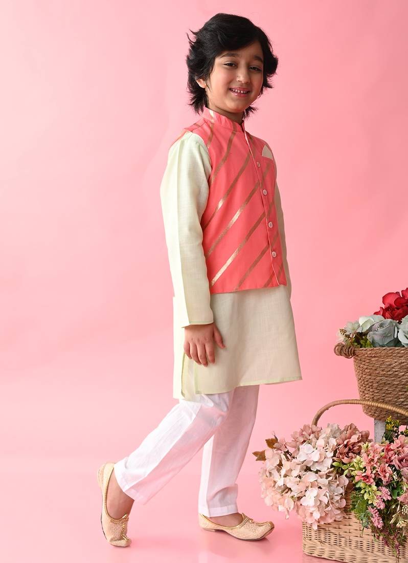 Saka Designs Boys Green Kurta Payjama With Peach & Gold Printed Jacket