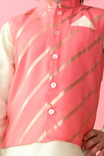 Saka Designs Boys Green Kurta Payjama With Peach & Gold Printed Jacket